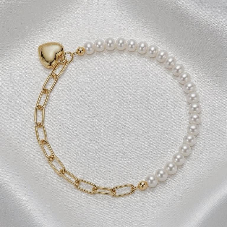 18K Gold Freshwater Pearl Heart Charm Bracelet