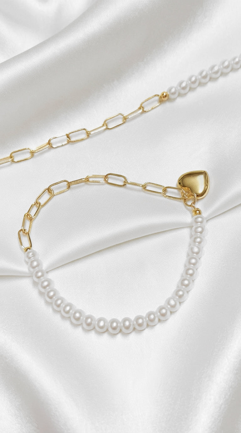 18K Gold Freshwater Pearl Heart Charm Bracelet